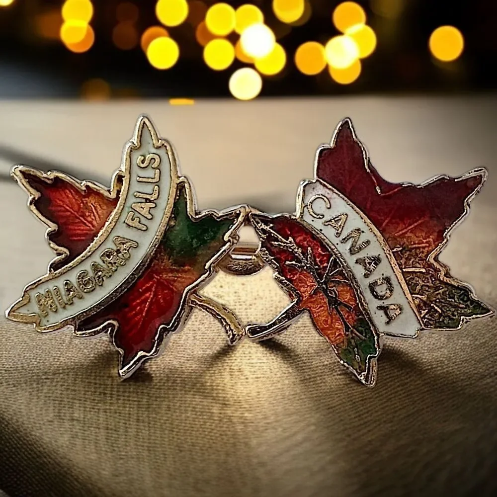 Vintage Niagra Falls Canada Pin Brooch Souvenir Double Maple Leaf Enamel Tourist
